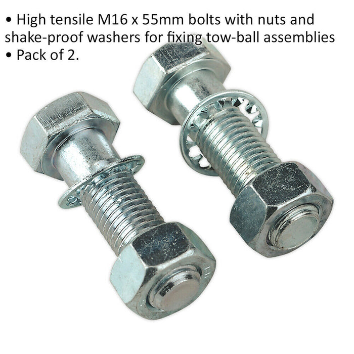 2 PACK Tow-Ball Bolts & Nuts - M16 x 55mm - Shake Proof - High Tensile Steel Loops