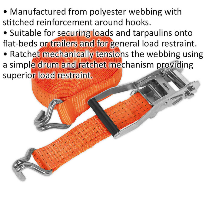 50mm x 8m 5000KG Ratchet Tie Down Straps Set - Polyester Webbing & Steel J Hook Loops
