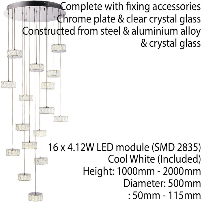 Multi Light Ceiling Pendant 16 Bulb Chrome & Crystal Glass Chandelier Lamp Loops