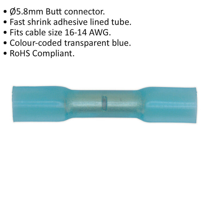 100 PACK 5.8mm Heat Shrink Butt Connector Terminal - 16 to 14 AWG Cable - Blue Loops