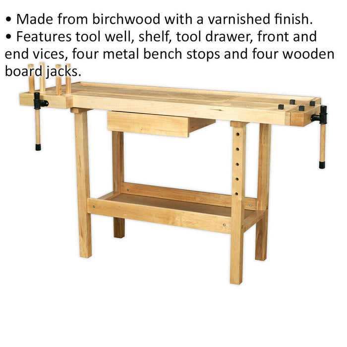 1.52m Woodworking Varnished Bench - Tool Well & Draw with 2 Built In Vices Loops