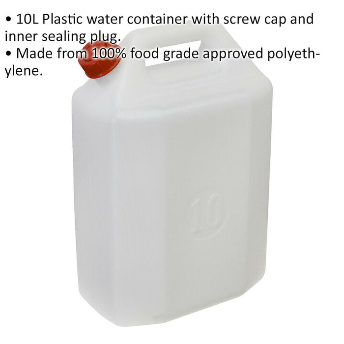10 Litre Plastic Water Container - Screw Cap - Inner Sealing Plug - Food Safe Loops