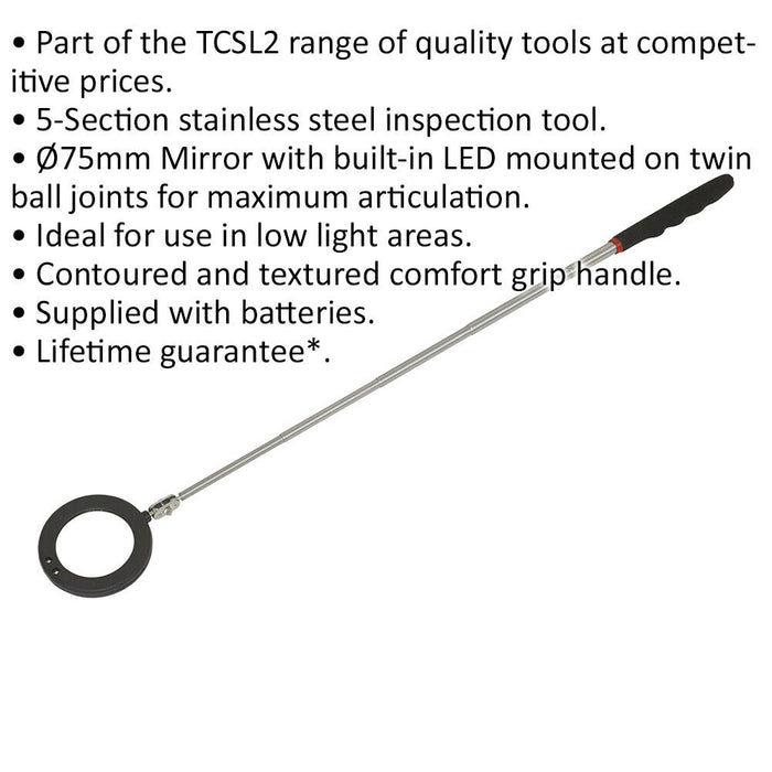 75mm Telescopic Inspection Mirror with LED Light - 290mm to 870mm Extending Tool Loops