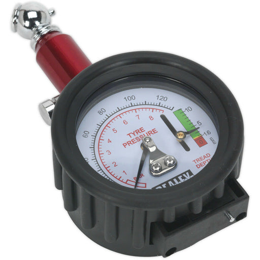 120psi Premium Tyre Pressure Gauge & Tread Depth Reader - 45° Angled Chuck Plug Loops