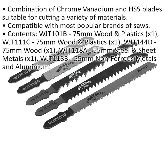 5 PACK - Assorted Jigsaw Blades - 75mm wood & Plastic - 55mm Steel & Sheet Metal Loops