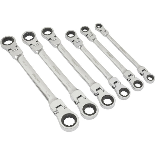 6pc Flexible Head Double Ended Ratchet Ring Spanner Set - 12 Point Metric Wrench Loops