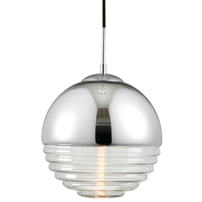 Hanging Ceiling Pendant Light CHROME & RIBBED GLASS Sphere Ball Lamp Bulb Holder Loops