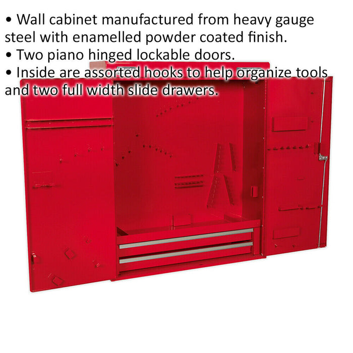 750 x 225 x 890 Wall Mounted 2 Drawer Tool Cabinet - RED - Lockable Storage Unit Loops