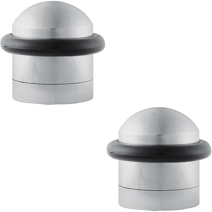 2x Dome Topped Floor Mounted Door Stop Rubber Buffer 38mm Dia Satin Chrome Loops