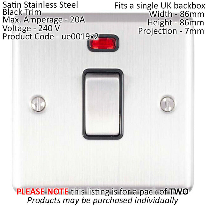 2 PACK 1 Gang 20A DP Switch & Neon Light SATIN STEEL & Black Trim Appliances Loops