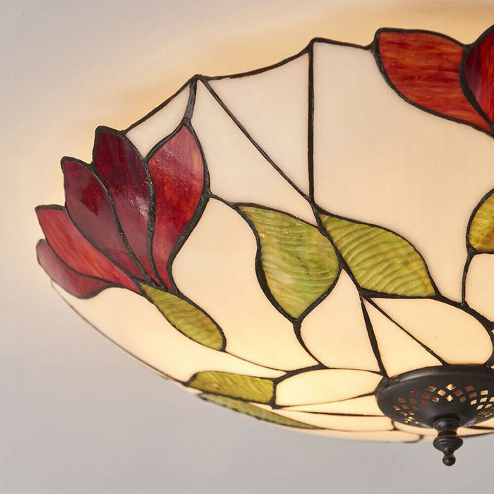 Tiffany Glass Semi Flush Ceiling Light Red Flower Round Inverted Shade i00035 Loops