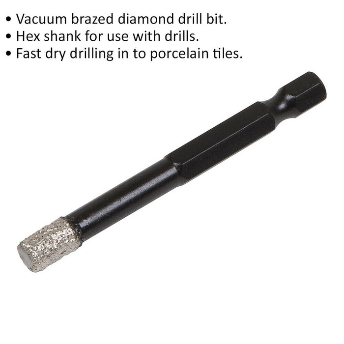 7mm Vacuum Brazed Diamond Drill Bit - Hex Shank - Suitable For Use With Drills Loops