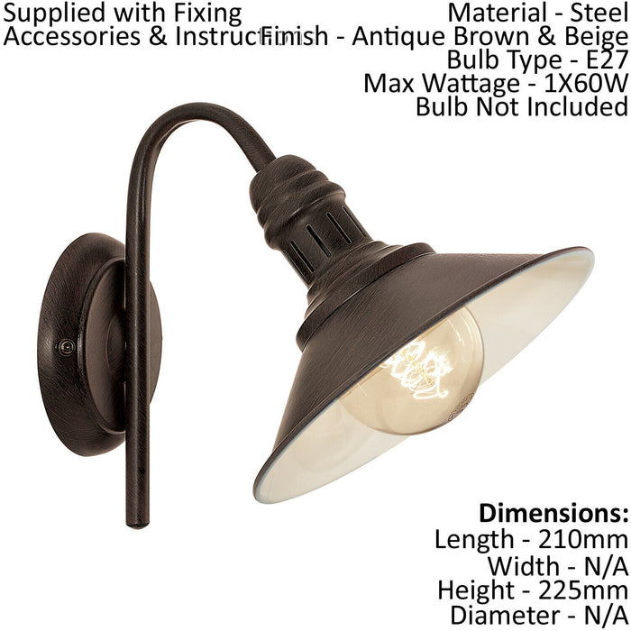 LED Wall Light / Sconce Antique Brown & Beige Steel Shade 1 x 60W E27 Bulb Loops