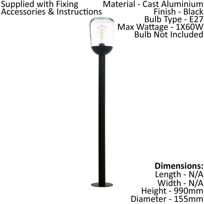 4 PACK IP44 Outdoor Bollard Light Black Aluminium & Glass 60W E27 Lamp Post Loops