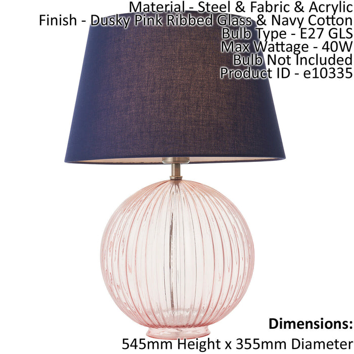 Table Lamp Dusky Pink Ribbed Glass & Navy Cotton 40W E27 GLS Base & Shade Loops