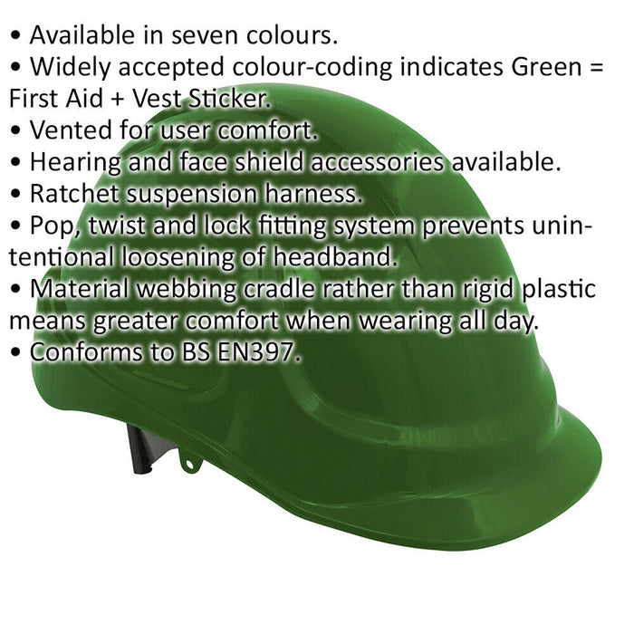 Vented Safety Helmet - Material Webbing Cradle - Accessories Available - Green Loops