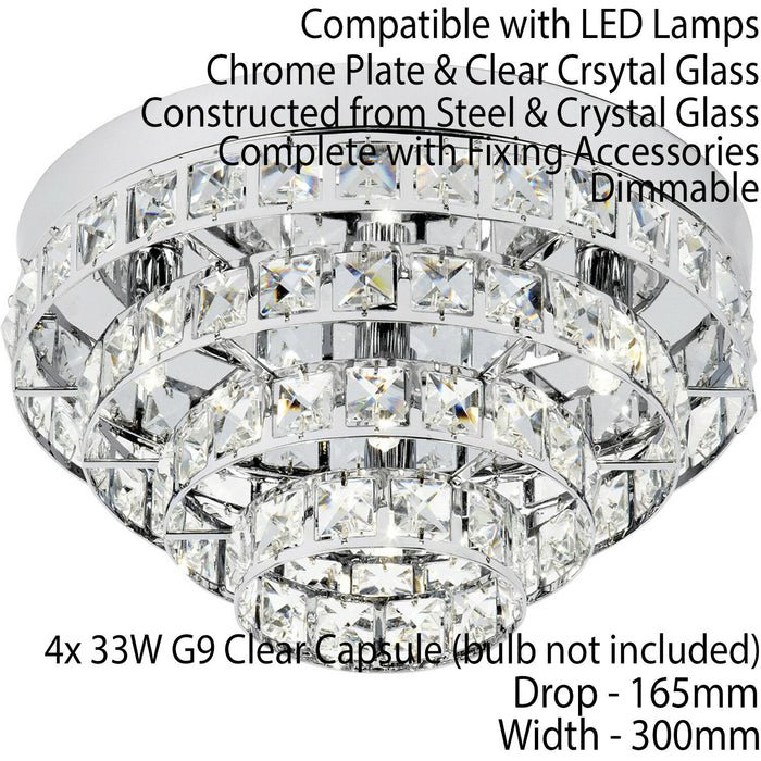 Semi Flush Ceiling Light Chrome & Crystal 4 Bulb Round Feature Lamp Holder Kit Loops
