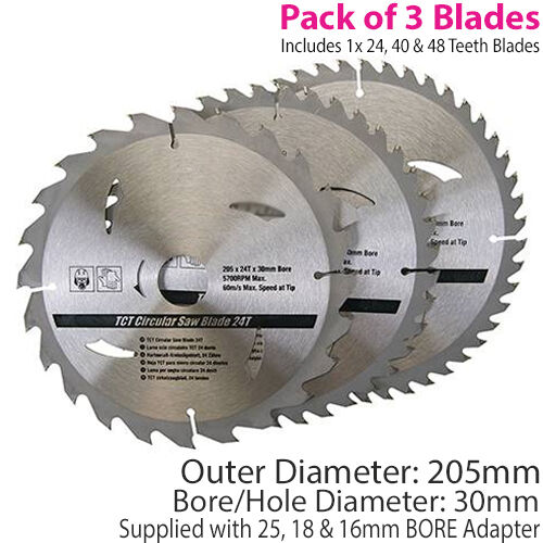 3 Pack 205mm x 30mm TCT Circular Saw Blades 25mm 18mm 16mm Rings Loops