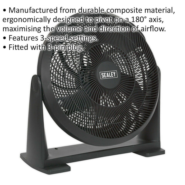 16 Inch Composite Desk or Floor Standing Fan - 3 Speed Settings - 3-Pin UK Plug Loops