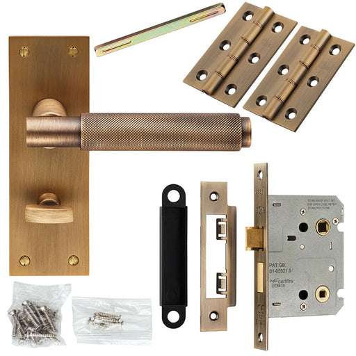 Door Handle & Bathroom Lock Pack Antique Brass Knurled Lever Turn Backplate Loops