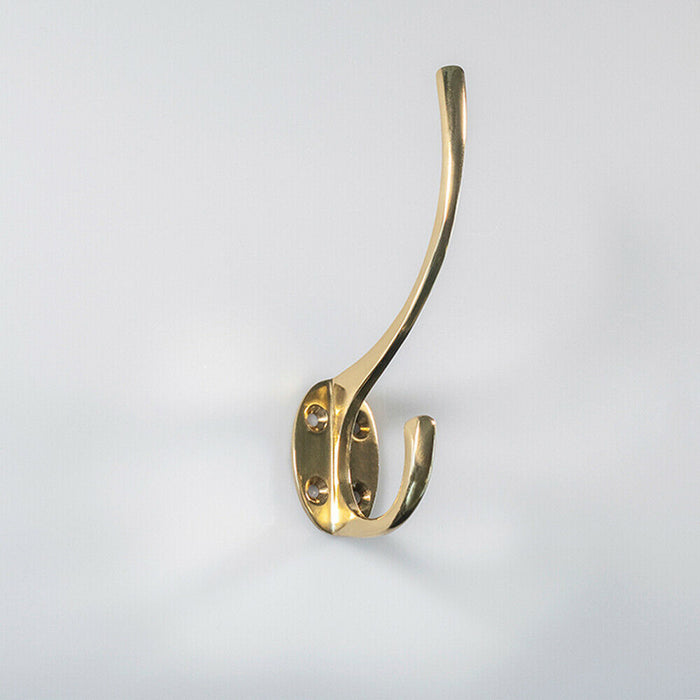 2x Victorian Hat & Coat Hook on Oval Backplate 64mm Projection Polished Brass Loops