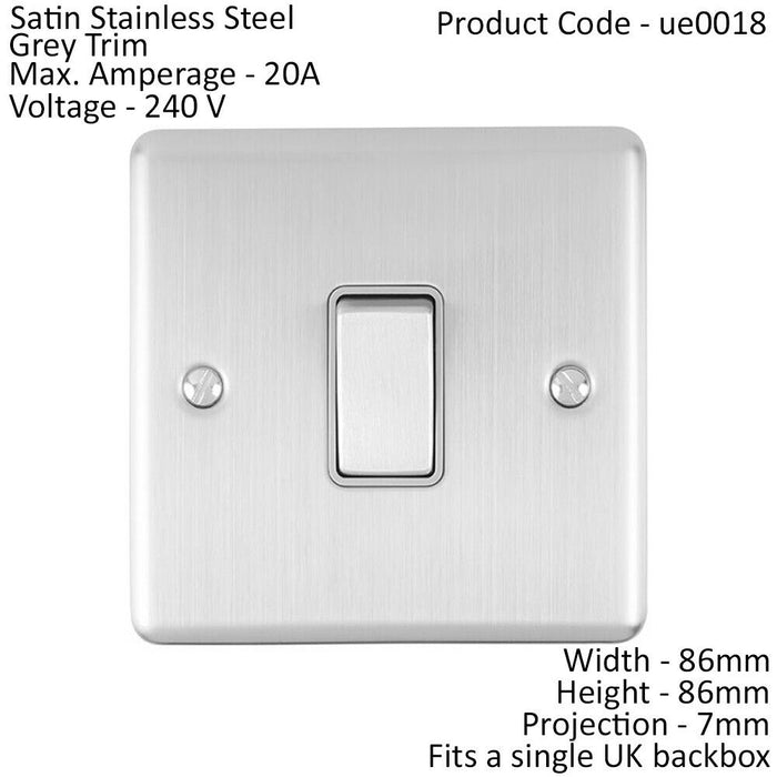 1 Gang 20A DP Single Switch SATIN STEEL & Grey Trim Appliance / Boiler Power Loops
