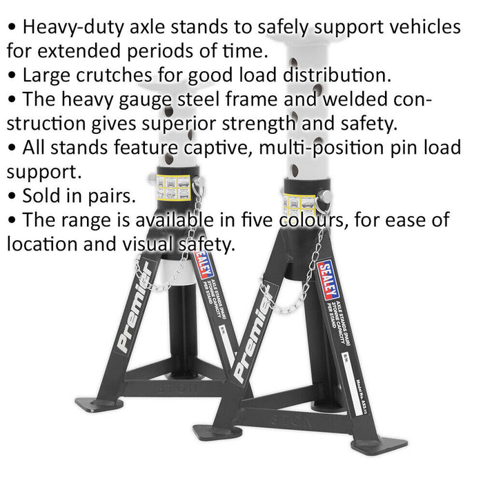 PAIR 3 Tonne Heavy Duty Axle Stands - 290mm to 435mm Adjustable Height - White Loops