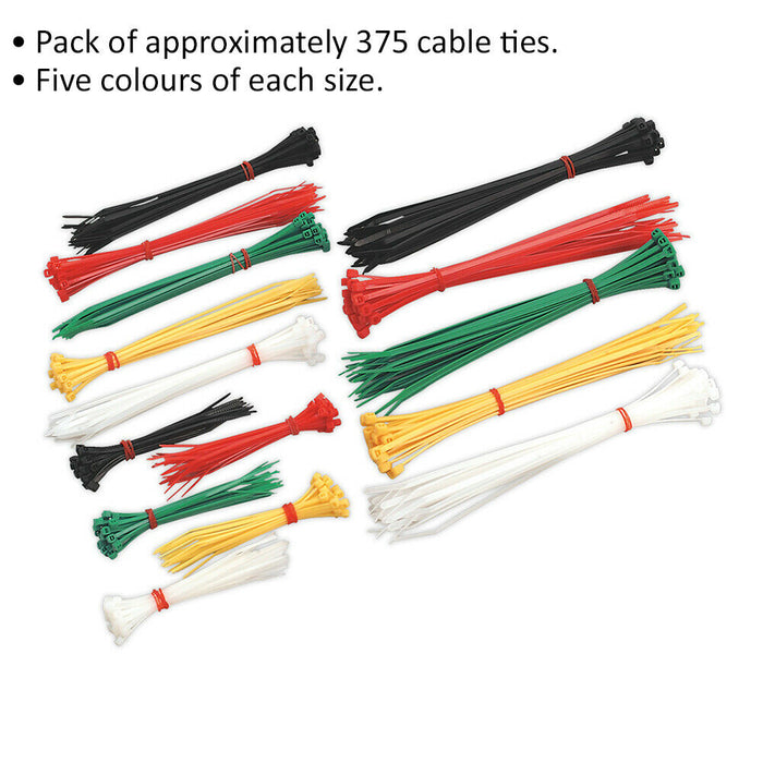 375 Piece Cable Tie Assortment - Five Colours - Three Sizes - Electrical Zip Tie Loops