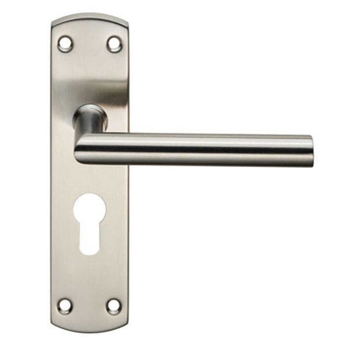Mitred Lever Door Handle on Euro Lock Backplate 172 x 44mm Satin Steel Loops
