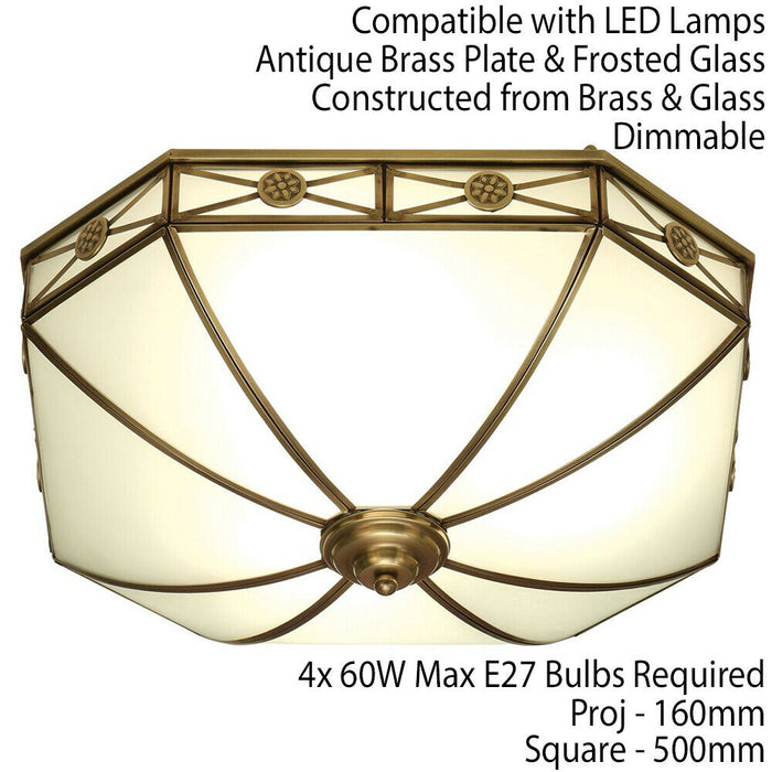 Luxury Flush Ceiling Light Antique Brass & Frosted Glass Traditional Pattern Loops