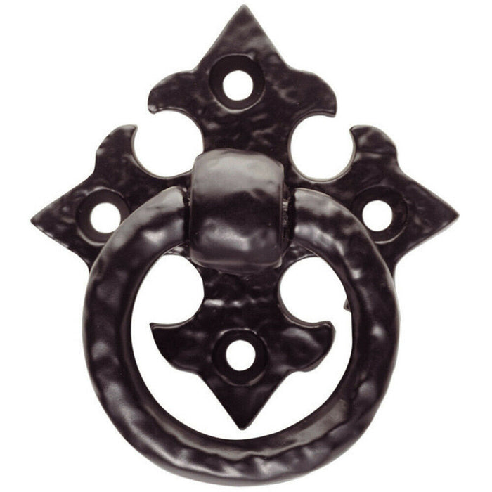 Ornate Cabinet Ring Pull on Cross Backplate 35mm Fixing Centres Black Antique Loops