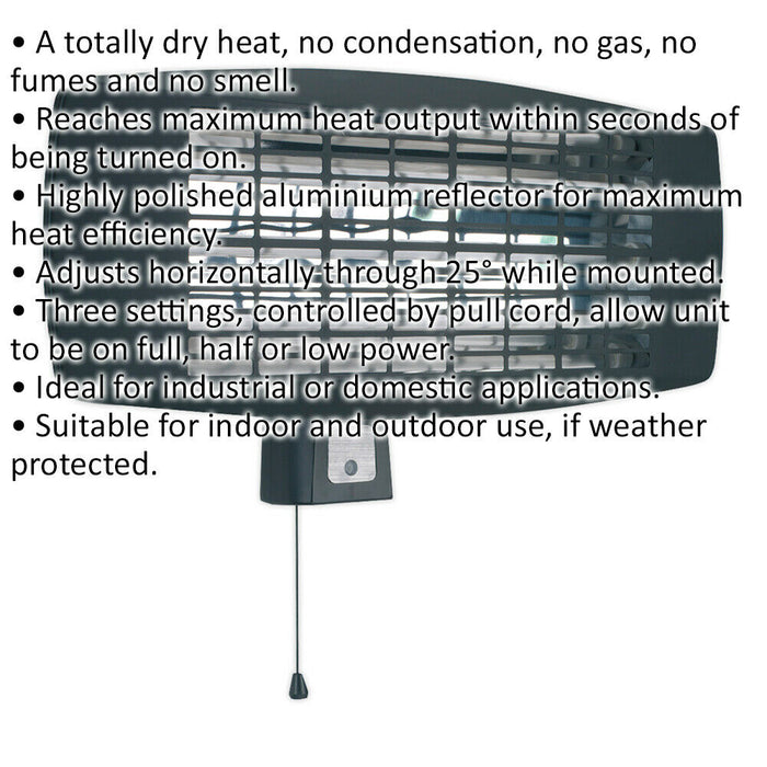 2000W Infrared Quartz Heater - Three Heat Settings - Wall Mounted - 230V Loops