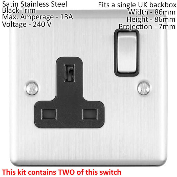 SATIN STEEL Bedroom Socket & Switch Set - 1x Light Switch & 2x UK Power Sockets Loops