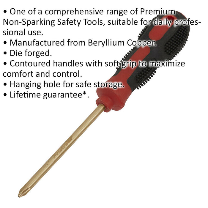 Non-Sparking Phillips Screwdriver - #2 x 100mm - Soft Grip Handle - Die Forged Loops