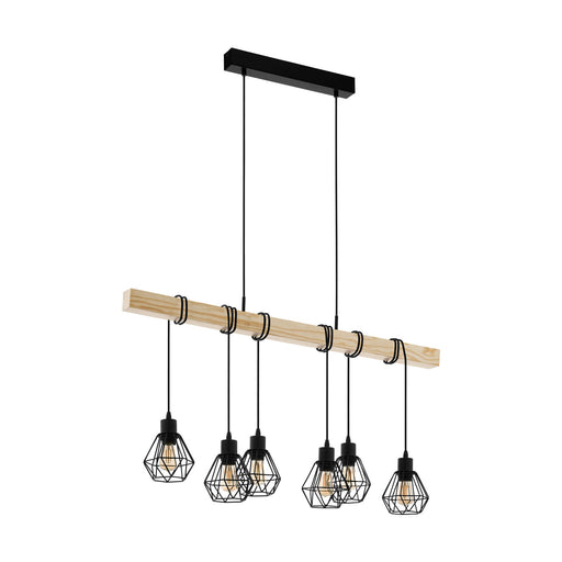 Hanging Ceiling Pendant Light Black Cage & Wood 6x E27 Kitchen Island Lamp Loops