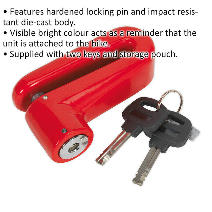 10mm Motorcycle Disc Lock Padlock - RED - Hardened Anti-Tamper Security Pin Body Loops
