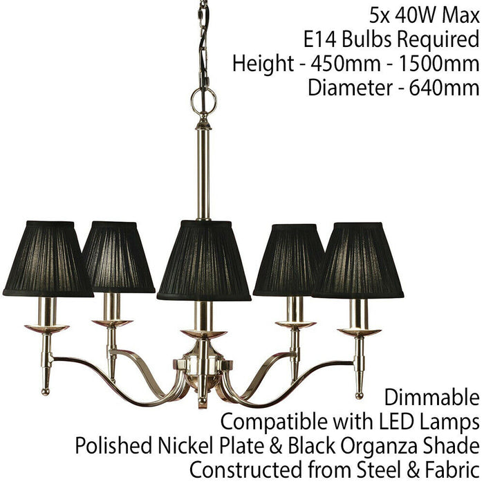 Avery Ceiling Pendant Chandelier Light 5 Lamp Bright Nickel & Black Pleat Shade Loops