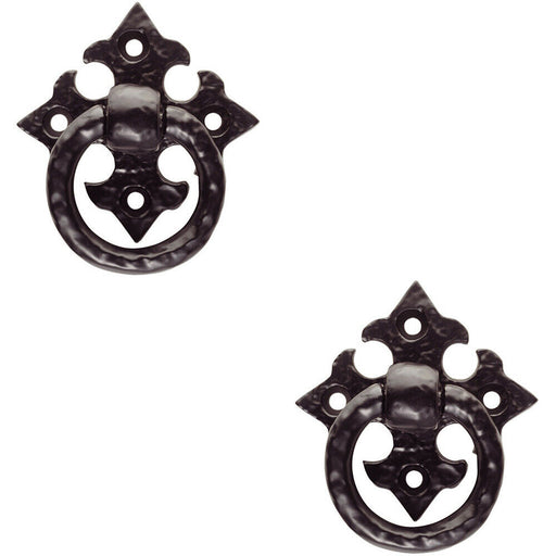 2x Ornate Cabinet Ring Pull on Cross Backplate 35mm Fixing Centres Black Antique Loops