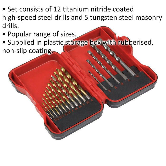 17 Piece Drill Bit Set - 12 Titanium Coated HSS & 5 Tungsten Steel Masonry Bits Loops