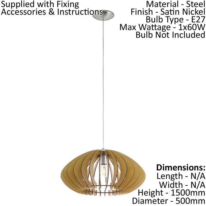 Pendant Ceiling Light Colour Satin Nickel Shade Maple Wood Bulb E27 1x60W Loops