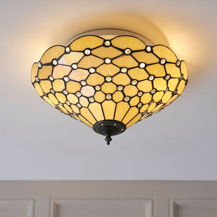 Tiffany Glass Semi Flush Ceiling Light Amber Geometric Inverted Shade i00059 Loops