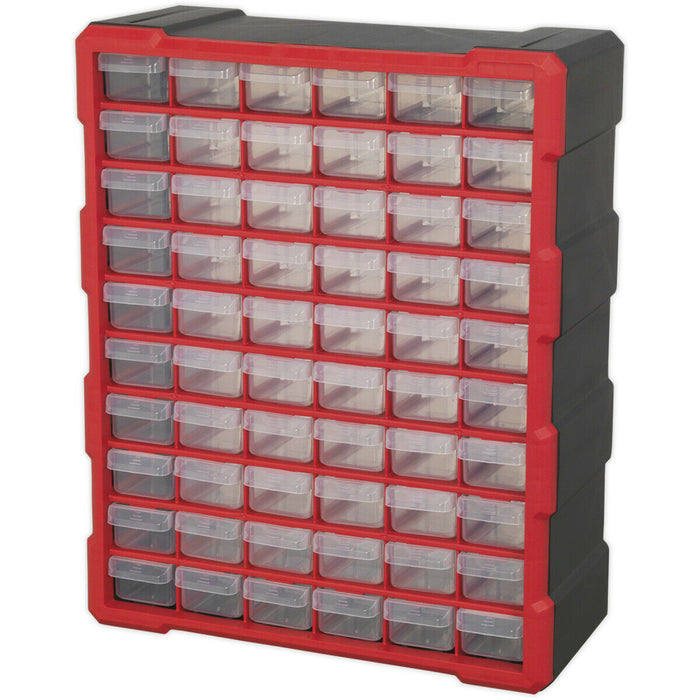 380 x 160 x 475mm 60 Drawer Parts Cabinet - RED - Wall Mounted / Standing Box Loops