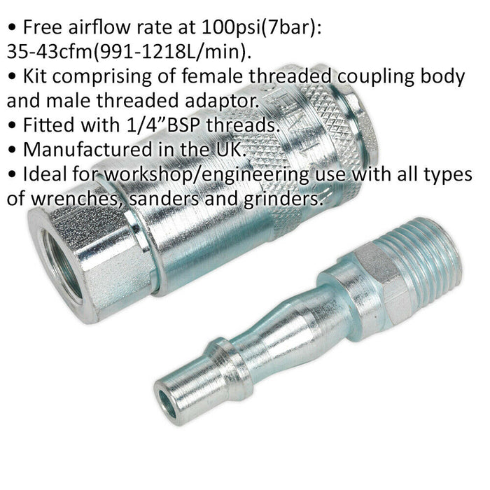 2 Piece Air Tool Coupling Kit - 1/4" BSP Thread - Coupling Body & Adaptor Loops