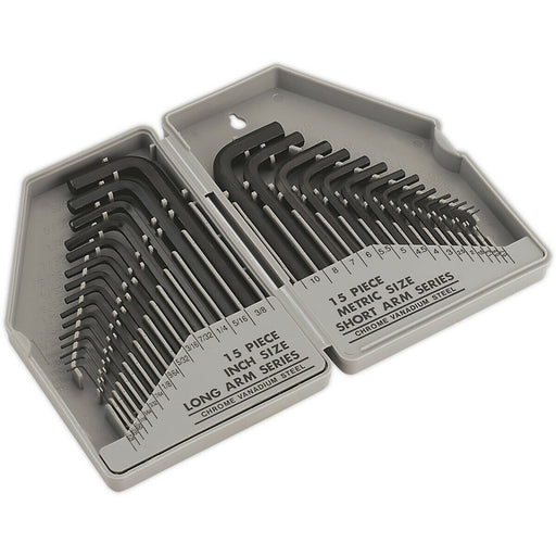 30 Piece Steel Hex Key Set - Long Imperial & Short Metric Sizes - Folding Case Loops