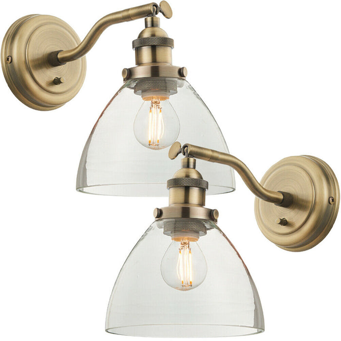 2 PACK Dimmable LED Wall Light Antique Brass Glass Shade Adjustable Lamp Fitting Loops