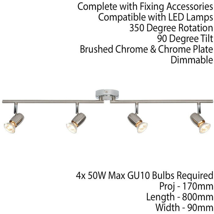 Adjustable Head Ceiling Spotlight Brushed Chrome Quad GU10 Kitchen Bar Downlight Loops