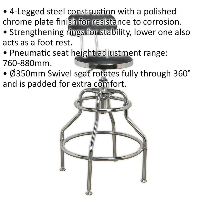 Heavy-Duty Pneumatic Workshop Stool - Adjustable Height Seat & Back Rest Chair Loops