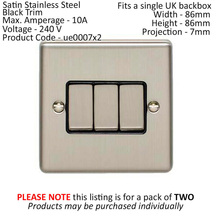 2 PACK 3 Gang Triple Metal Light Switch SATIN STEEL 2 Way 10A Black Trim Loops