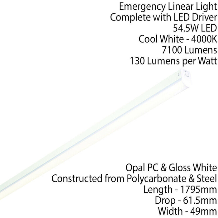 6ft SINGLE LED Ceiling Batten Strip Light 3HR EMERGENCY 54W Cool White 7100Lm Loops