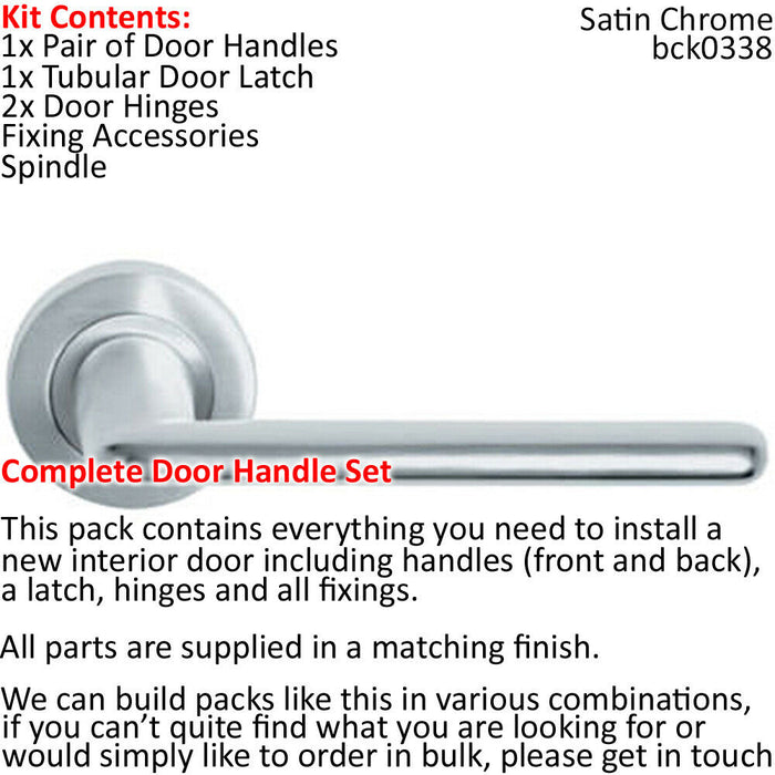 Door Handle & Latch Pack Satin Chrome Slim Straight Lever Screwless Round Rose Loops